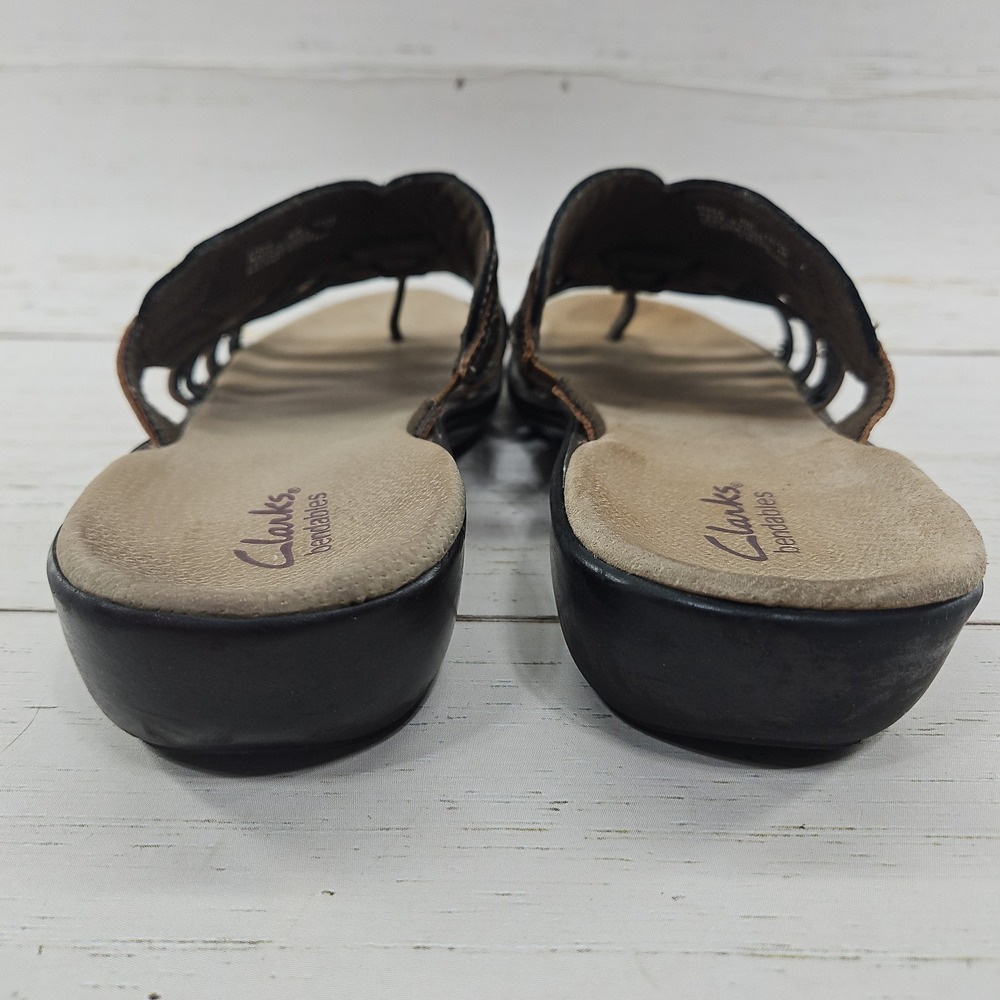 Clarks Bendable Women 9.5 Brown Leather Metallic Wedge Toe Post Sandal Shoes - Picture 6 of 10